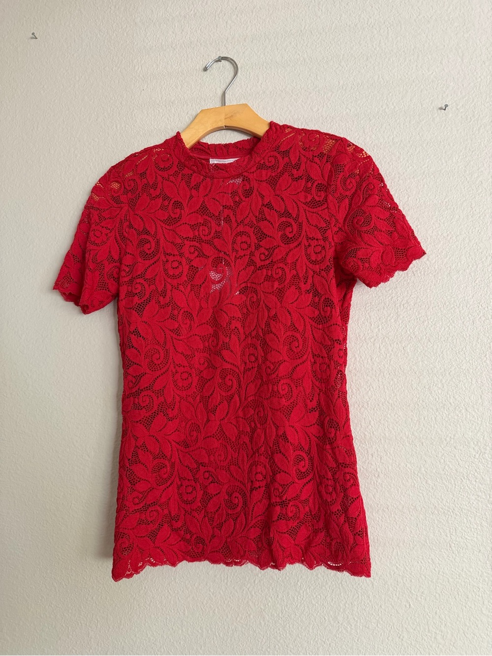 Johnny Was Jade Eleanor Short Sleeve Lace Tee Haute Red Stretch Size Small